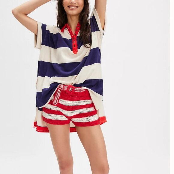 #233 NWT Free People Prime Time Rugby Maxi Tee in Navy/Ivory - Picture 1 of 5